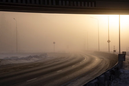 Severe frost and heavy fog on the road. Abnormal frosts in the city, fog in the streets