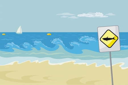 Seascape with beach and sharks warning signのイラスト素材