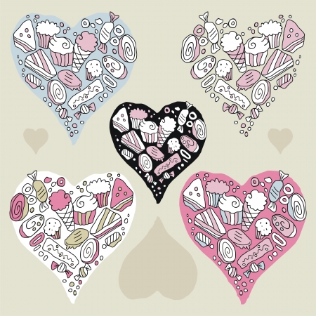 Doodle hearts set with cookies and sweetsのイラスト素材