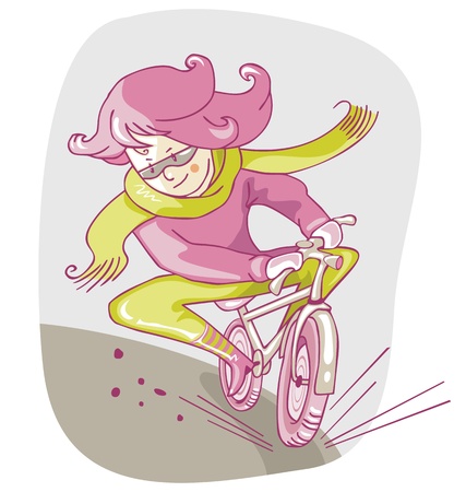 Cartoon of a biking girl in great hurry, on a cold dayのイラスト素材