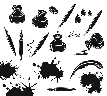 Black and white set with pens, ink pots and spillsのイラスト素材