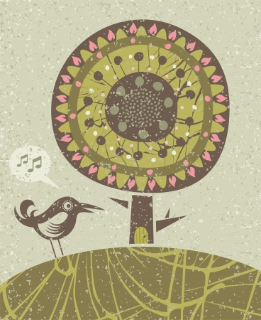 Decorative illustration with happy bird and treeのイラスト素材