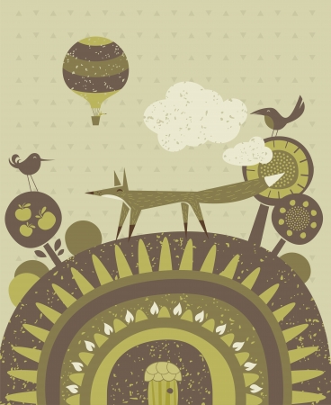 Happy scene with fox, burrow, air balloon and natureのイラスト素材