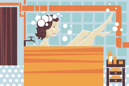 Young woman taking bath and playing with the foamのイラスト素材