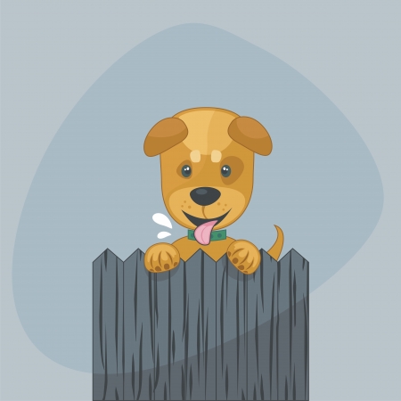 Cute puppy standing up with paws over a wooden fenceのイラスト素材