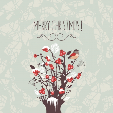 Christmas illustration with winter berries shrub and birdのイラスト素材