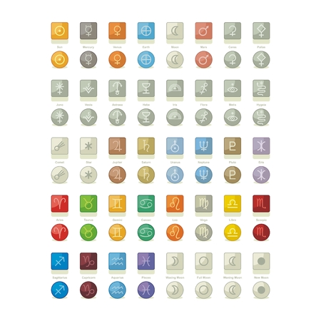 Icons pack with symbols of solar system celestial objects, moon phases, zodiac constellations and signsのイラスト素材