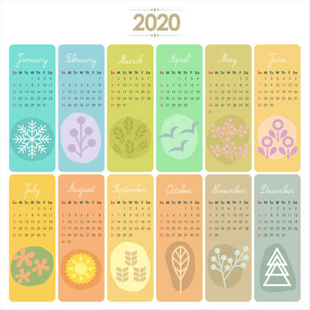 2020 Calendar set with vertical banners or cards. Weeks start with Sunday.のイラスト素材