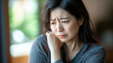 Japanese woman suffering from stiff shouldersの素材