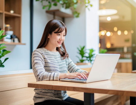 A young woman working on a laptop in a cozy cafeの素材
