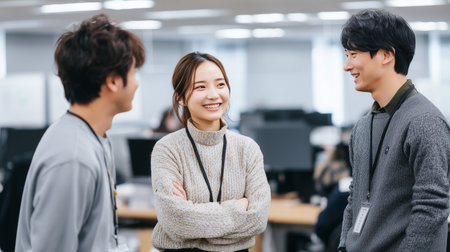 Three young men and women chatting in the officeの素材