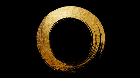A thick Japanese-style circle drawn with a gold leaf brush on a black backgroundの素材