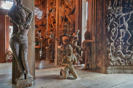 Pattaya, Thailand-February 23, 2014: Sanctuary of Truth is a temple construction in Pattaya, Thailand. The sanctuary is an all-wood building filled with sculptures based on traditional Buddhist and Hindu motifs. Pattaya, Thailand - February 23, 2014のeditorial素材