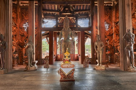 Pattaya, Thailand-February 23, 2014: Sanctuary of Truth is a temple construction in Pattaya, Thailand. The sanctuary is an all-wood building filled with sculptures based on traditional Buddhist and Hindu motifs. Pattaya, Thailand - February 23, 2014のeditorial素材