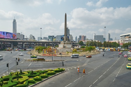 Bangkok, Thailand - February 26, 2014: View on the Victory Monument the big military monument in Bangkok on 14 October 2006. The monument has been established in June 1941 to mark a victory in war with Frenchmen. Bangkok, Thailand - February 26, 2014のeditorial素材