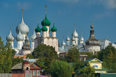 Assumption Cathedral and church of the Resurrection in Rostov Kremlin. The ancient town of Rostov...