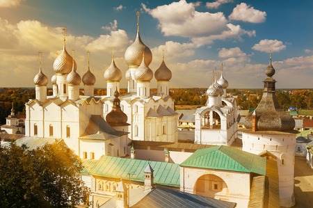 Assumption Cathedral and church of the Resurrection in Rostov Kremlin. The ancient town of Rostov The Great is a tourist center of the Golden Ring of Russia.の写真素材
