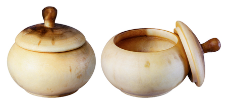 Wooden pot from two perspectives isolate on a white background.の写真素材