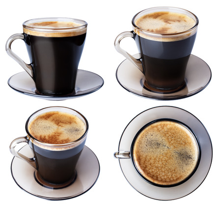 Espresso coffee in a glass dish, isolate on a white background, closeup in a variety of ways.の写真素材
