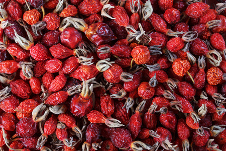 Dried rose hip, alternative medicine, close-up, a solid background.の写真素材