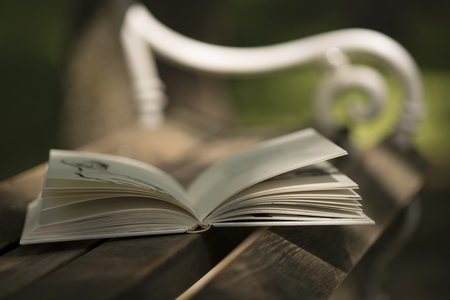 Open book on the wooden bench in the park.の写真素材