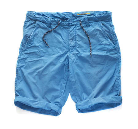Men's summer blue shorts on a white background.の写真素材