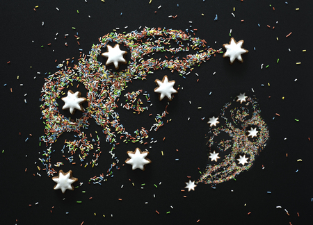 Comet of Christmas cookies and candy colored topping on a black background.の写真素材