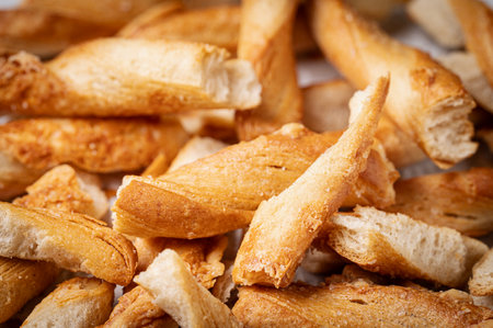 close up of croutons on white background, shallow depth of field