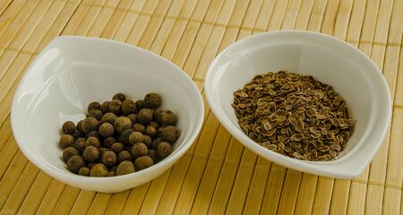 Seasoning dried dill seeds and allspice in a white bowl close-up.の写真素材