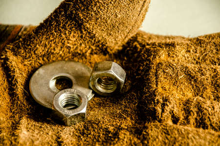 Nuts are on the hands of a worker.の写真素材
