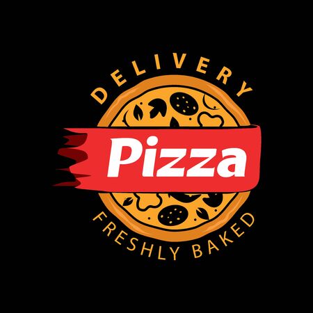 Pizzeria Vector Emblem on blackboard. Pizza logo template. Vector emblem for cafe, restaurant or food delivery service.のイラスト素材
