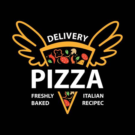 Pizzeria Vector Emblem on blackboard. Pizza logo template. Vector emblem for cafe, restaurant or food delivery service.のイラスト素材