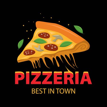 Pizzeria Vector Emblem on blackboard. Pizza logo template. Vector emblem for cafe, restaurant or food delivery service.のイラスト素材
