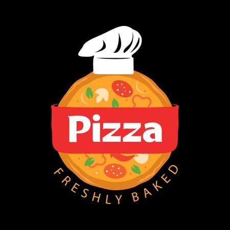 Pizzeria Vector Emblem on blackboard. Pizza logo template. Vector emblem for cafe, restaurant or food delivery service.のイラスト素材