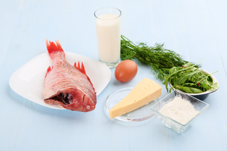 ingredients for cooking dog-salmon in cheese sauce and greens closeupの写真素材