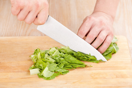 Chef cuts the lettuce on a cutting board closeupの写真素材