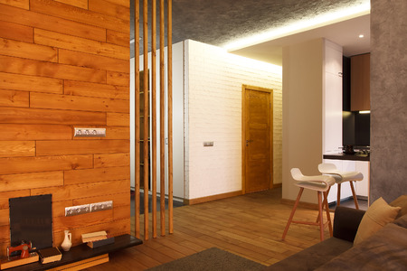 Stylish minimalist interior studio apartments with concrete walls and parquet floorsの写真素材