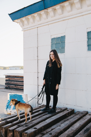 Young beautiful girl in a black clothes holding a red dog on a leashの写真素材
