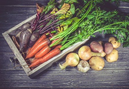 Autumn harvest. Fresh carrots, beet, onions, garlic and potatoes on a wooden background. Farmer products.の写真素材