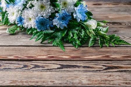 Wedding bouquet for table decoration. White and blue chrysanthemum. Flower Arrangement for Wedding Design. Copy spaceの写真素材