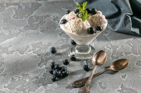Vanilla ice cream with blueberries on a gray concrete background.