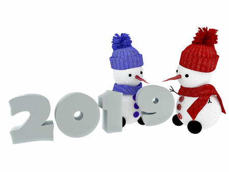 Two snowmen. 3D render. Symbol of Christmas and New Year