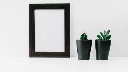Empty dark photo frame and two succulents in dark pots on a white background. Scandinavian style MockUpの写真素材