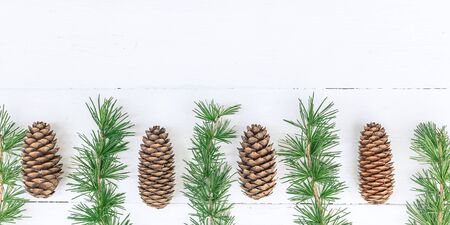 Christmas border. Fir branches, cones on a white rustic background. Horizontal shotの写真素材
