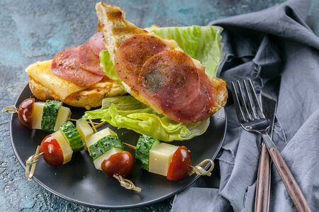 Smoked beef with spices on toast with salad and canapes. Close-up. Horizontal shotの写真素材