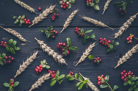 Pattern wild berries and ears of wheat on a dark wooden background. Top view