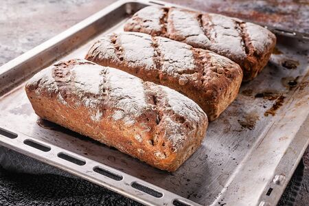 Homebaked bread. Freshly baked sourdough rye flour bread with sunflower and pumpkin seeds.