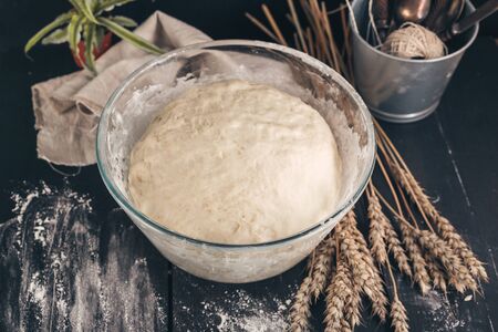 Fermented homemade pastry for buns. Close-up. Step by step recipe