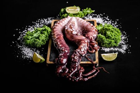 Delicious seafood. Purple octopus tentacles with greens on black background. Horisontal shot....