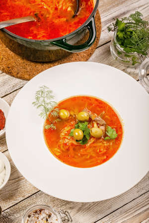 Close-up plate of soup with cabbage, beef, fresh tomatoes and herbs on a light wooden background....
